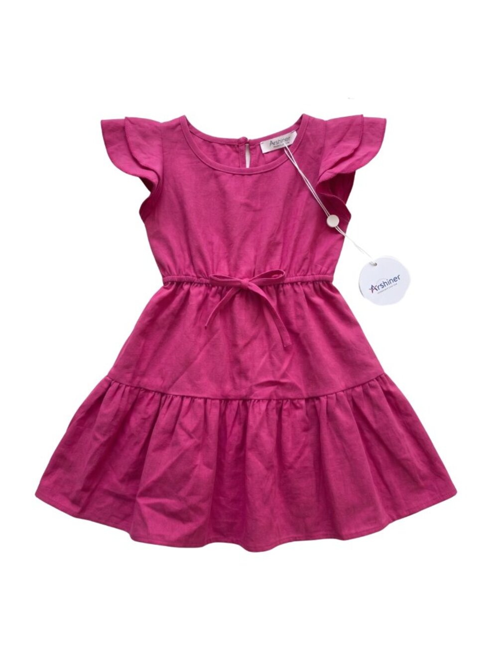NWT Arshiner Toddler Girls Hot Pink Ruffle Sleeve Tiered Linen Blend Dress 12-18